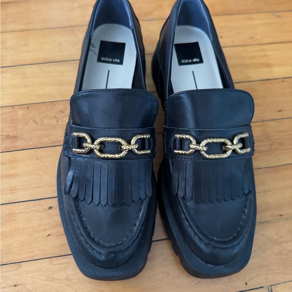 Dolce Vita Black Loafers with Gold Chain